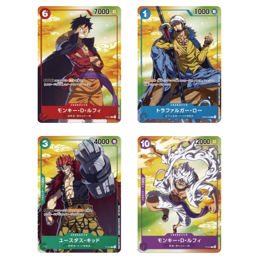 Set Complet Promo 7Eleven - One Piece Card Game - Luffy Gear 5/Trafalgar Law/Luffy Onigashima/Eustass Kidd